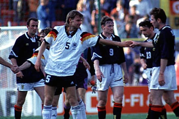 Pat Nevin, second from the right, cuts a dejected figure after Scotland's 2-0 defeat by Germany at Euro 92 in Sweden. Picture: SNS