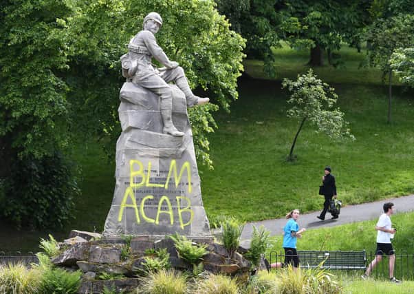 Statues vandalised with graffiti
at the Boer War memorial and Thomas Carlyle statue in Kelvingrove Park, Glasgow. Picture: John Devlin