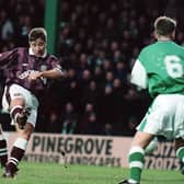 John Robertson scores one of his 27 goals for Hearts against Hibs.