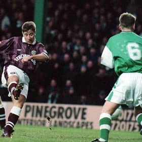 John Robertson scores one of his 27 goals for Hearts against Hibs.