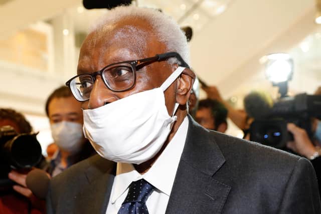 Former IAAF president Lamine Diack wears a protective mask as he arrives at the courthouse in Paris for the start of his trial. Picture: Thomas Samson/AFP
