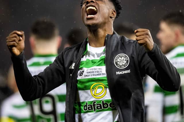 Jeremie Frimpong celebrates Celtic's victory over Rangers in the Betfred Cup final