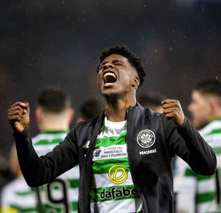 Jeremie Frimpong celebrates Celtic's victory over Rangers in the Betfred Cup final