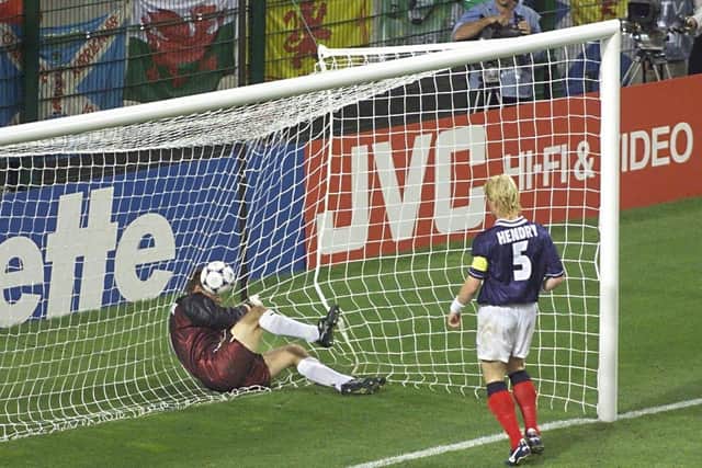 Jim Leighton and Colin Hendry are unable to prevent Morocco’s second goal in a 3-0 defeat at the 1998 World Cup, the last time Scotland qualified for a major finals. Picture: AFP/Getty.