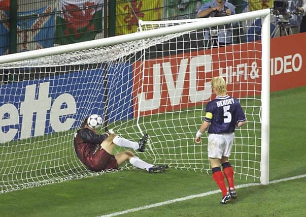 Jim Leighton and Colin Hendry are unable to prevent Morocco’s second goal in a 3-0 defeat at the 1998 World Cup, the last time Scotland qualified for a major finals. Picture: AFP/Getty.