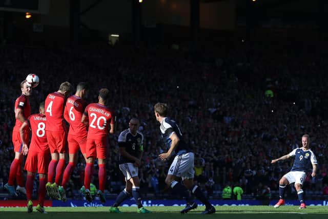 Leigh Griffiths puts Scotland 2-1 up against England in a World Cup qualifier at Hampden in 2017