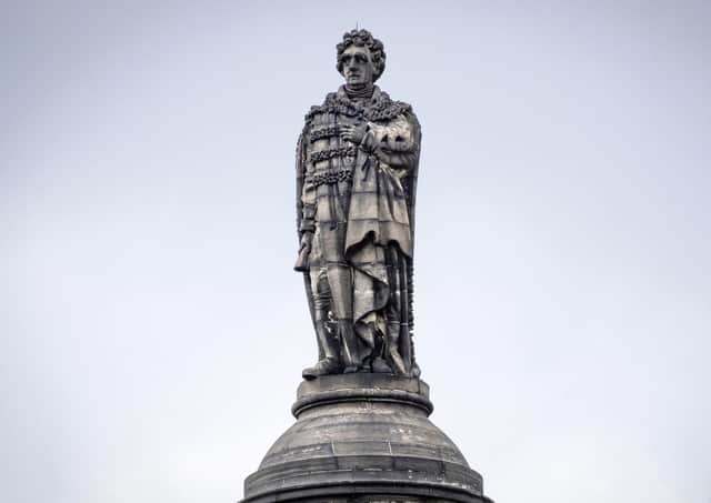 The statue of Henry Dundas 1st Viscount Melville on top of a 150ft column, known as the Melville Monument, stands in St Andrew Square, Edinburgh.