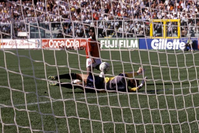 Juan Cayasso beats Jim Leighton for Costa Rica's winner in their 1-0 victory over Scotland in 1990.