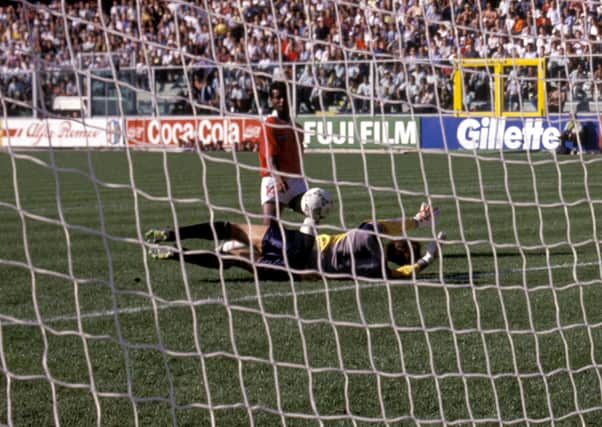 Juan Cayasso beats Jim Leighton for Costa Rica's winner in their 1-0 victory over Scotland in 1990.