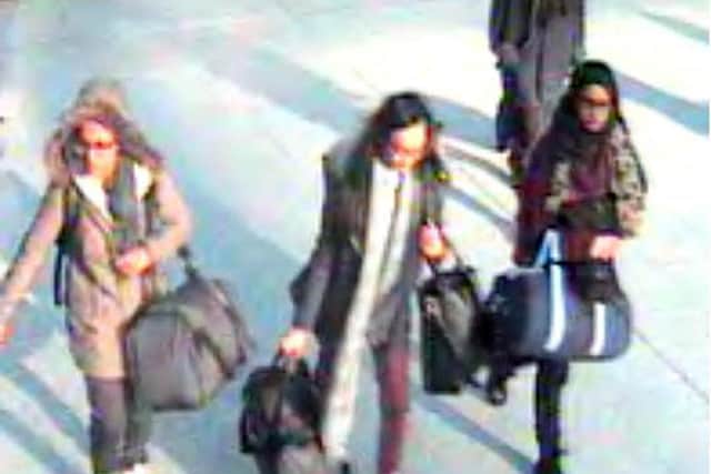 CCTV issued by the Metropolitan Police of (left to right) 15-year-old Amira Abase, Kadiza Sultana, 16, and Shamima Begum, 15, at Gatwick airport in February 2015. Picture: Metropolitan Police/PA Wire