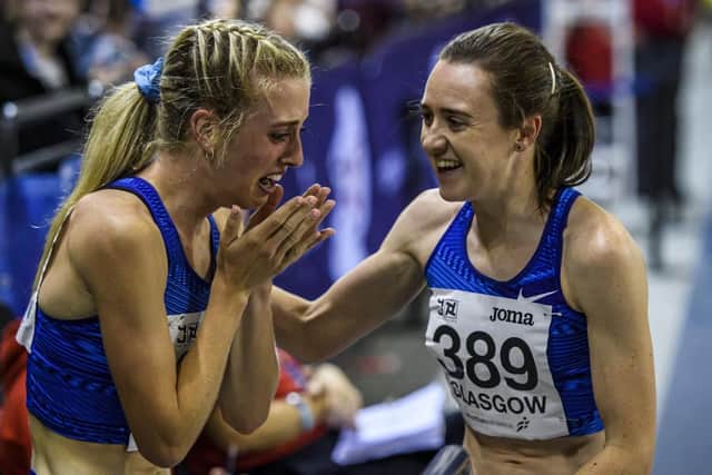 Jemma Reekie is congratulated by runner-up Laura Muir at Glasgow's Emirates Arena after clocking 1:57.91 for a British record and world lead time for the women’s indoor 800m in 2020. Picture: Bobby Gavin