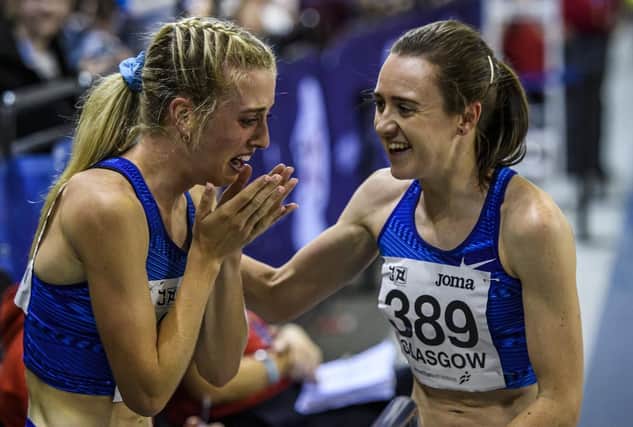 Jemma Reekie is congratulated by runner-up Laura Muir at Glasgow's Emirates Arena after clocking 1:57.91 for a British record and world lead time for the women’s indoor 800m in 2020. Picture: Bobby Gavin
