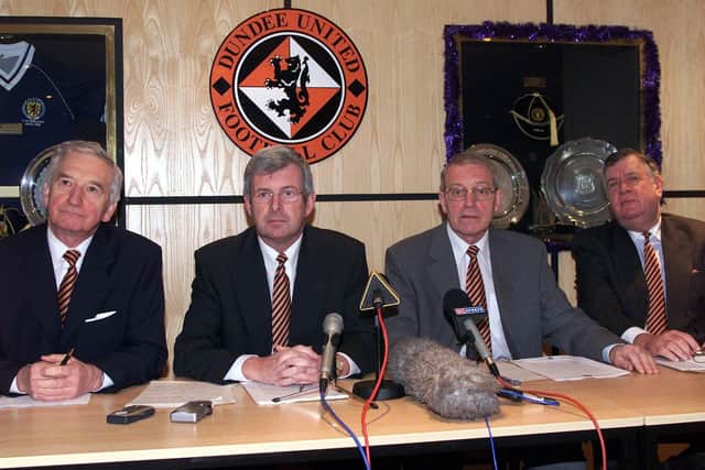 Dundee United directors pictured in December 2001 during a torrid campaign for the club. Left to right: Bruce Robertson, Bill Littlejohn, Doug Smith and Don Ridgway. Picture: SNS Group