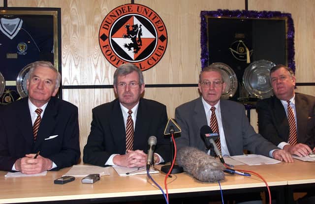 Dundee United directors pictured in December 2001 during a torrid campaign for the club. Left to right: Bruce Robertson, Bill Littlejohn, Doug Smith and Don Ridgway. Picture: SNS Group