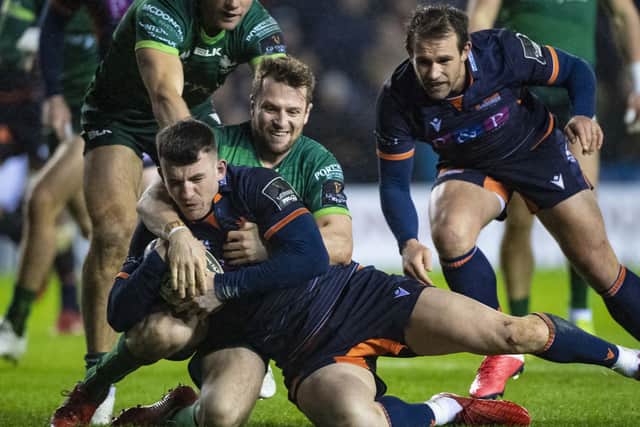 Edinburgh’s Matt Scott grounds the ball as a penalty try is awarded for a high tackle by Jack Carty of Connacht. Picture: SNS/SRU