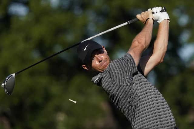 Rory McIlroy hits his tee shot on the 11th hole in the second round of the Charles Schwab Challenge. Picture: David J. Phillip/AP