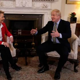 Britain's Prime Minister Boris Johnson (R) speaks with European Commission President Ursula von der Leyen inside 10 Downing Street in central London on January 8, 2020, ahead of their meeting. - The EU's top official on Wednesday predicted "tough talks" with Britain on the sides' future relations after Brexit enters force after years of delays at the end of the month. "There will be tough talks ahead and each side will do what is best for them," European Council president Ursula von der Leyen said ahead of her first official meeting with Prime Minister Boris Johnson. (Photo by Kirsty Wigglesworth / POOL / AFP) (Photo by KIRSTY WIGGLESWORTH/POOL/AFP via Getty Images)