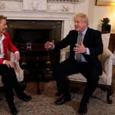 Britain's Prime Minister Boris Johnson (R) speaks with European Commission President Ursula von der Leyen inside 10 Downing Street in central London on January 8, 2020, ahead of their meeting. - The EU's top official on Wednesday predicted "tough talks" with Britain on the sides' future relations after Brexit enters force after years of delays at the end of the month. "There will be tough talks ahead and each side will do what is best for them," European Council president Ursula von der Leyen said ahead of her first official meeting with Prime Minister Boris Johnson. (Photo by Kirsty Wigglesworth / POOL / AFP) (Photo by KIRSTY WIGGLESWORTH/POOL/AFP via Getty Images)