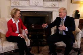Britain's Prime Minister Boris Johnson (R) speaks with European Commission President Ursula von der Leyen inside 10 Downing Street in central London on January 8, 2020, ahead of their meeting. - The EU's top official on Wednesday predicted "tough talks" with Britain on the sides' future relations after Brexit enters force after years of delays at the end of the month. "There will be tough talks ahead and each side will do what is best for them," European Council president Ursula von der Leyen said ahead of her first official meeting with Prime Minister Boris Johnson. (Photo by Kirsty Wigglesworth / POOL / AFP) (Photo by KIRSTY WIGGLESWORTH/POOL/AFP via Getty Images)