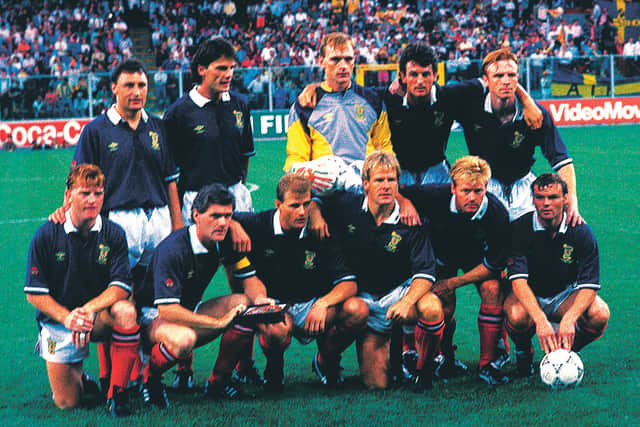 The last
Scotland team to win a match at the World Cup finals:
Back row, Maurice Malpas, Craig Levein, Jim Leighton, Dave McPherson, Alex McLeish.
Front row, Stuart McCall, Roy Aitken, Gordon Durie, Murdo MacLeod, Mo Johnston, Robert Fleck. Picture: SNS