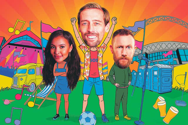 Maya Jama, Peter Crouch and Alex Horne are the new faces of Saturday night TV. Picture: John Riordan/Geraint Williams/BBC Pictures