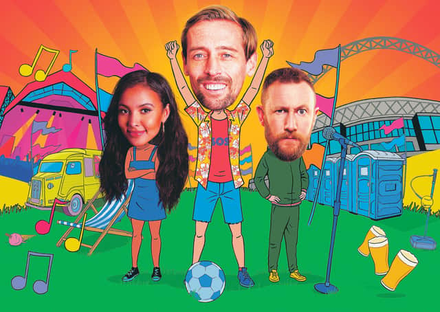 Maya Jama, Peter Crouch and Alex Horne are the new faces of Saturday night TV. Picture: John Riordan/Geraint Williams/BBC Pictures