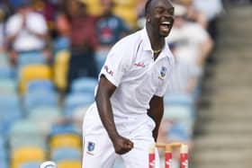 West Indies bowler Kemar Roach celebrates the dismissal of England's Jos Buttler during the first Test in Barbados in January 2019. Picture: Randy Brooks/AFP via Getty Images