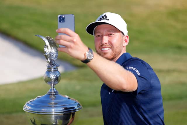 Daniel Berger takes a selfie with the trophy after winning the Charles Schwab Challenge in Fort Worth on Sunday. Picture: Getty.