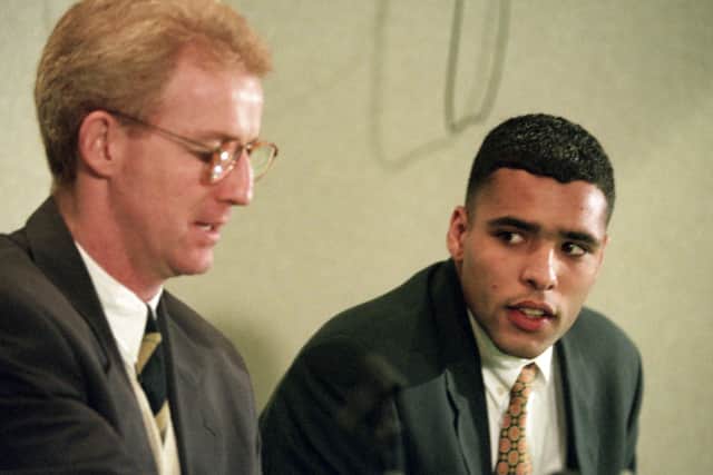 Celtic boss Tommy Burns unveils new signing Pierre van Hooijdonk in January 1995. Picture: SNS