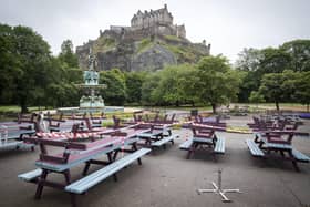 The outside seating area at the Fountain Cafe & Bar in Edinburgh's Princes Street Gardens remains closed during lockdown. Picture: Jane Barlow/PA Wire