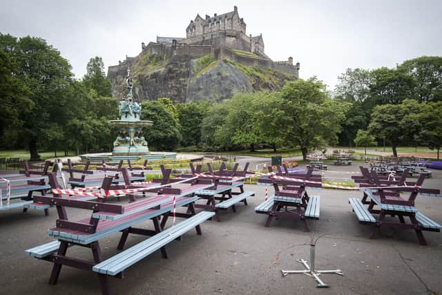 The outside seating area at the Fountain Cafe & Bar in Edinburgh's Princes Street Gardens remains closed during lockdown. Picture: Jane Barlow/PA Wire