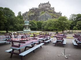 The outside seating area at the Fountain Cafe & Bar in Edinburgh's Princes Street Gardens remains closed during lockdown. Picture: Jane Barlow/PA Wire