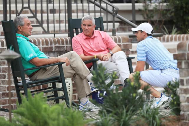 Rory McIlroy chats to PGA Tour Commissioner Jay Monahan and Atlanta Falcons owner Arthur Blank at Harbour Town GC. Picture: Streeter Lecka/Getty