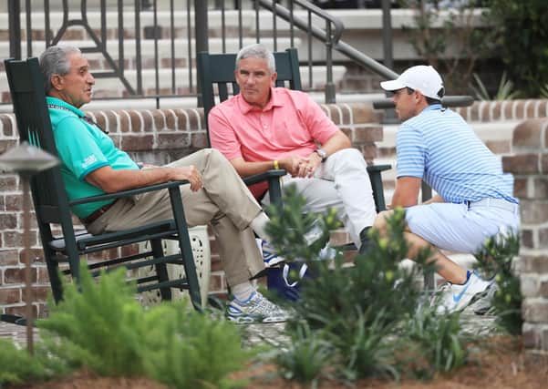 Rory McIlroy chats to PGA Tour Commissioner Jay Monahan and Atlanta Falcons owner Arthur Blank at Harbour Town GC. Picture: Streeter Lecka/Getty