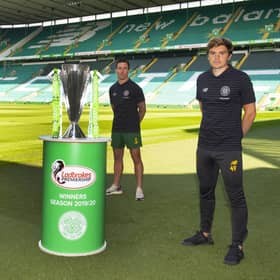 Celtic manager Neil Lennon and players Scott Brown and James Forrest with the Premiership trophy. Picture: SNS