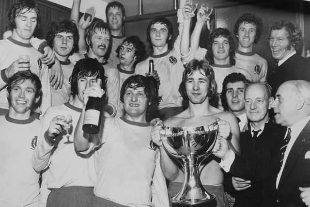 John Hansen, middle of the top row, celebrates with his team-mates after Partick Thistle's famous 1971 League Cup final win over Celtic