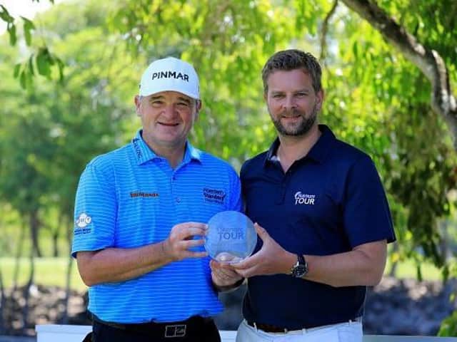 Paul Lawrie, last season's Staysure Tour Rookie of the Season, with the circuit's head, Mark Aspland. Picture: Getty Images