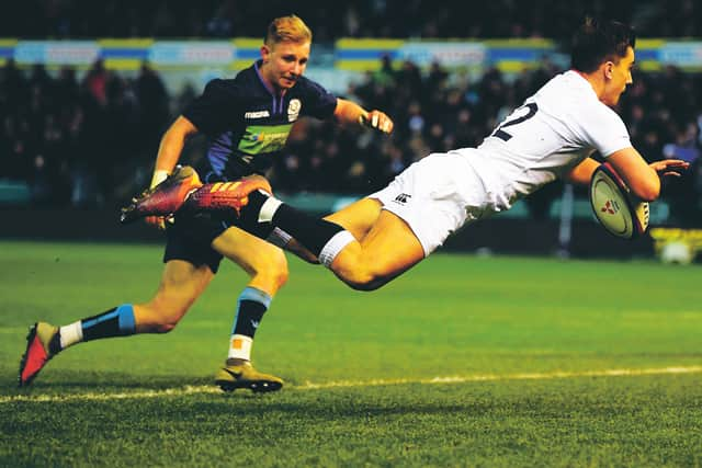 Cameron Redpath, the son of Bryan, scores for England Under-20s against their Scotland counterparts last March. Picture: Shaun Botterill/Getty Images