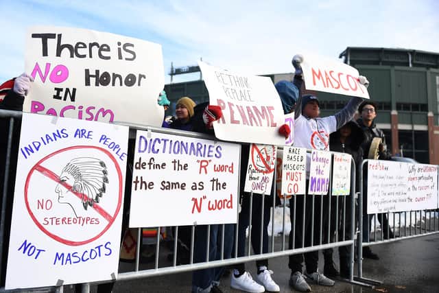 Protesters gather before a Washington Redskins match to vent their anger at the team’s racist moniker. Picture: Stacy Revere/Getty Images