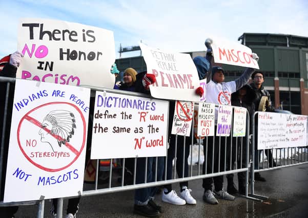 Protesters gather before a Washington Redskins match to vent their anger at the team’s racist moniker. Picture: Stacy Revere/Getty Images
