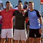 Novak Djokovic, second left, poses with Grigor Dimitrov, left, Viktor Troicki and Borna Coric, right, at the event in Zadar, Croatia. Picture: Zvonko Kucelin/AP