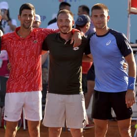Novak Djokovic, second left, poses with Grigor Dimitrov, left, Viktor Troicki and Borna Coric, right, at the event in Zadar, Croatia. Picture: Zvonko Kucelin/AP