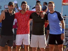 Novak Djokovic, second left, poses with Grigor Dimitrov, left, Viktor Troicki and Borna Coric, right, at the event in Zadar, Croatia. Picture: Zvonko Kucelin/AP