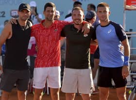 Novak Djokovic, second left, poses with Grigor Dimitrov, left, Viktor Troicki and Borna Coric, right, at the event in Zadar, Croatia. Picture: Zvonko Kucelin/AP