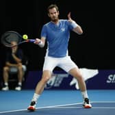 Andy Murray hits a forehand during his win over Liam Broady at the Schroders Battle of the Brits tournament in Roehampton. Picture: Clive Brunskill/Getty