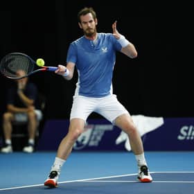 Andy Murray hits a forehand during his win over Liam Broady at the Schroders Battle of the Brits tournament in Roehampton. Picture: Clive Brunskill/Getty