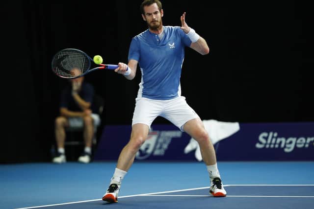 Andy Murray hits a forehand during his win over Liam Broady at the Schroders Battle of the Brits tournament in Roehampton. Picture: Clive Brunskill/Getty