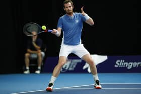 Andy Murray hits a forehand during his win over Liam Broady at the Schroders Battle of the Brits tournament in Roehampton. Picture: Clive Brunskill/Getty