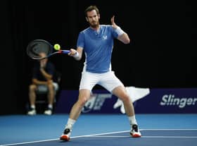 Andy Murray hits a forehand during his win over Liam Broady at the Schroders Battle of the Brits tournament in Roehampton. Picture: Clive Brunskill/Getty