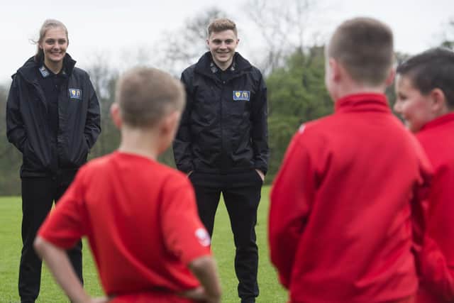 Scotland stars Jenna Fife and James Forrest at a grassroots football event with St Modan’s Community Sports Club in Bannockburn. Picture: Craig Foy/SNS
